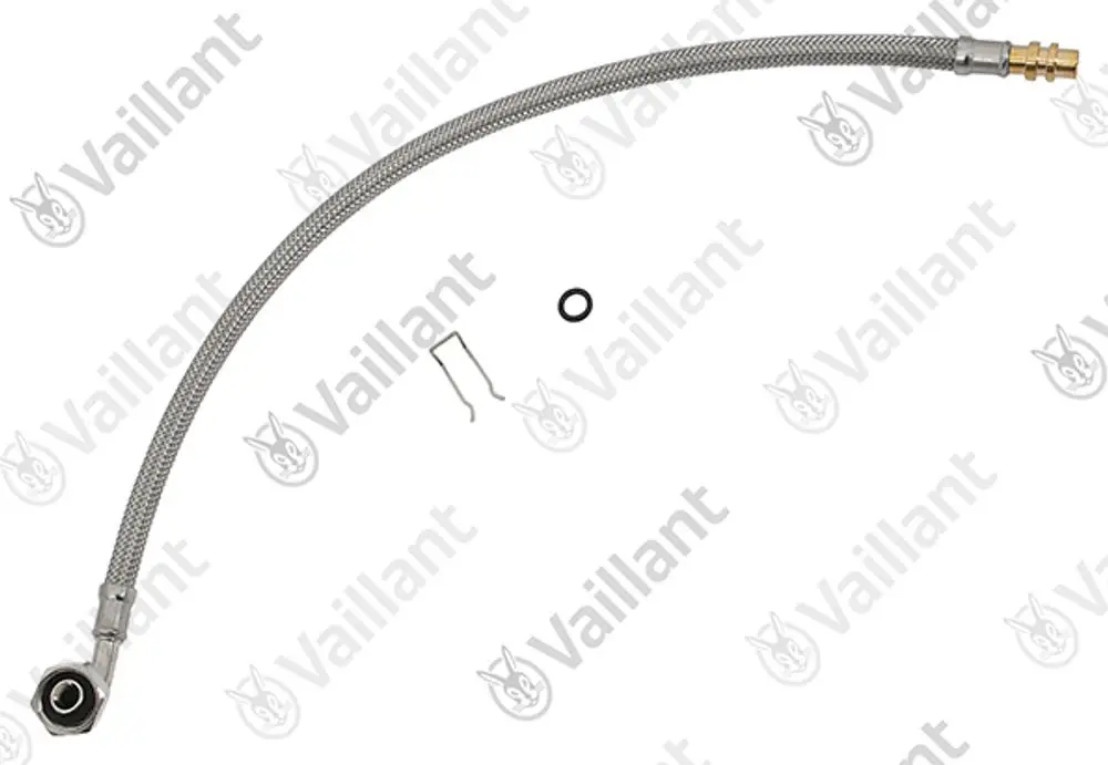 Vaillant Wasserrohr mit flexibler Metallumflechtung, einem Anschlussstück und Zubehörteilen wie einem O-Ring und einer Halterung.